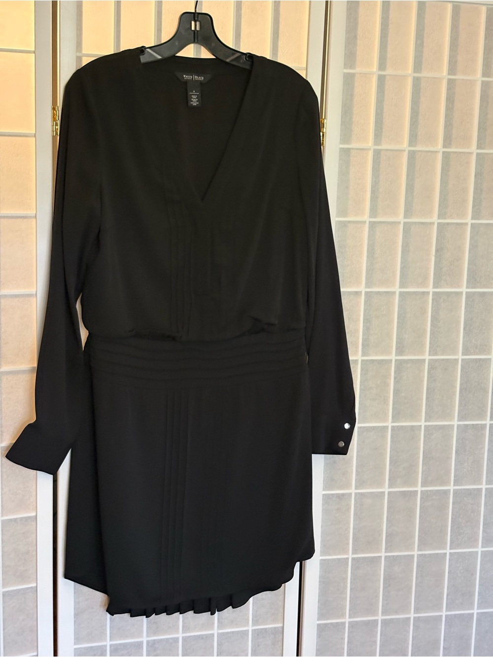 White House Black Market Black Pleated V-Neck Long Sleeve Mini Dress